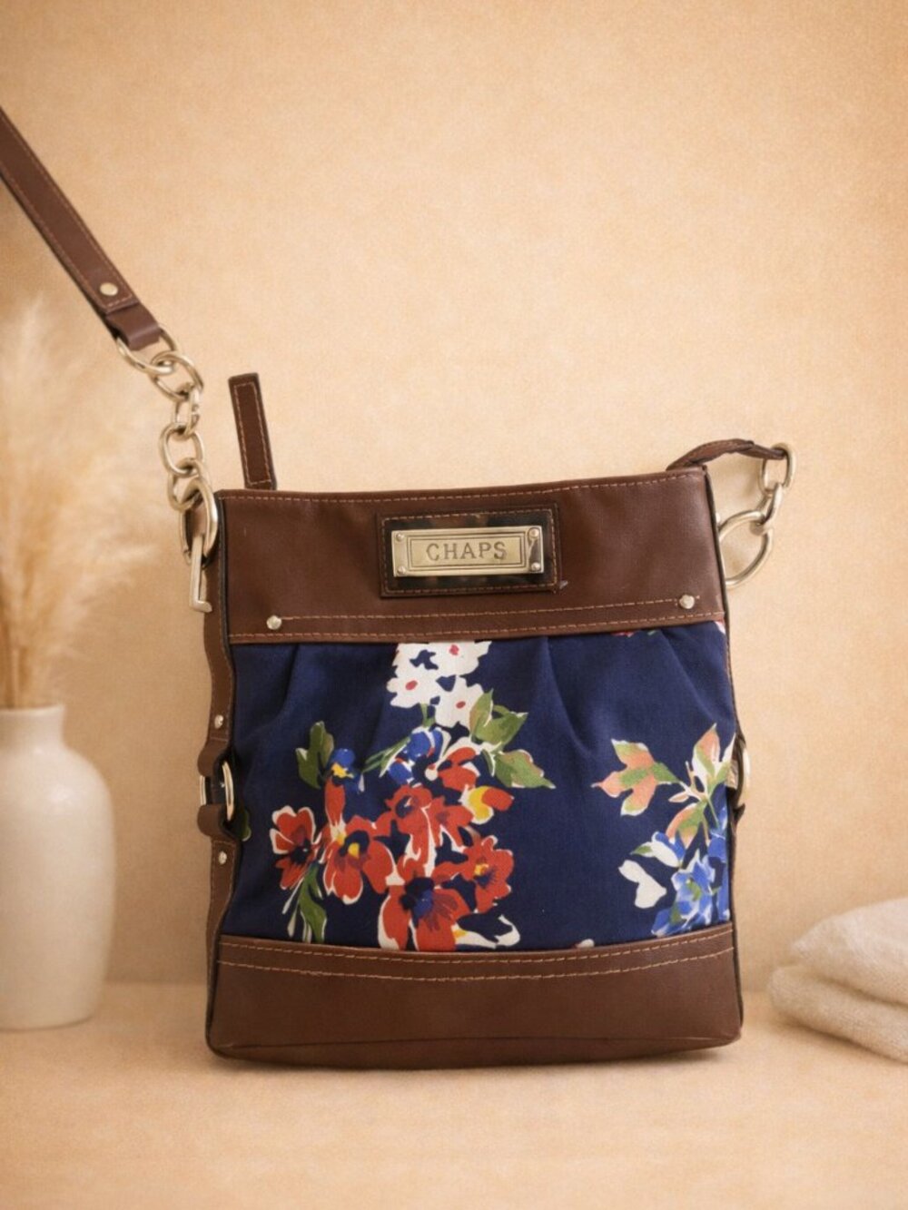 Chaps Floral Crossbody Purse Navy Cottagecore Boho Adjustable Strap Bag Vintage